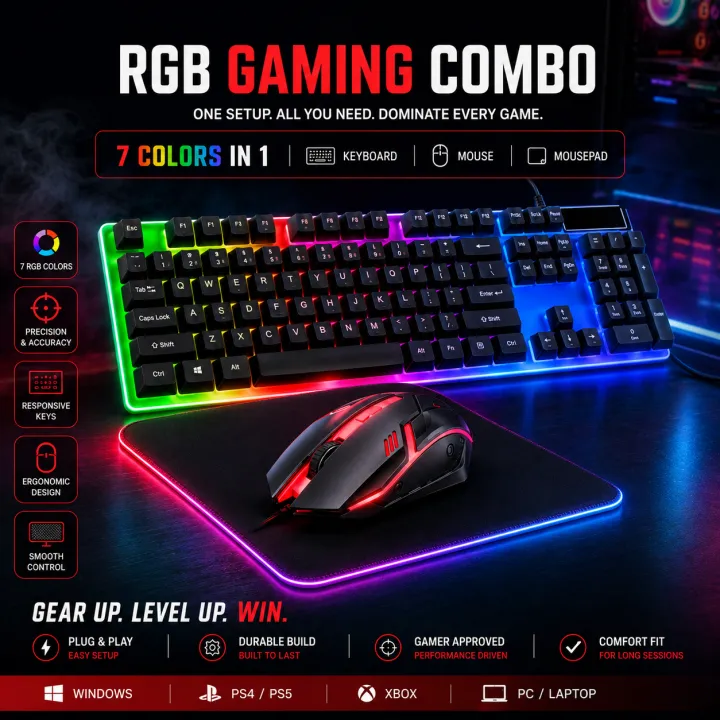 5009a6e45648aa2f1e11297ec2397139.png_720x720q80.png_ RGB Gaming Keyboard & Mouse Combo - 7 Colour Wired RGB Mouse and Keyboard Set - USB Wired Pack For PC & Laptop - Black & White - Image 1